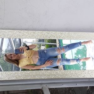 Yellow geometric short sleeve crop top